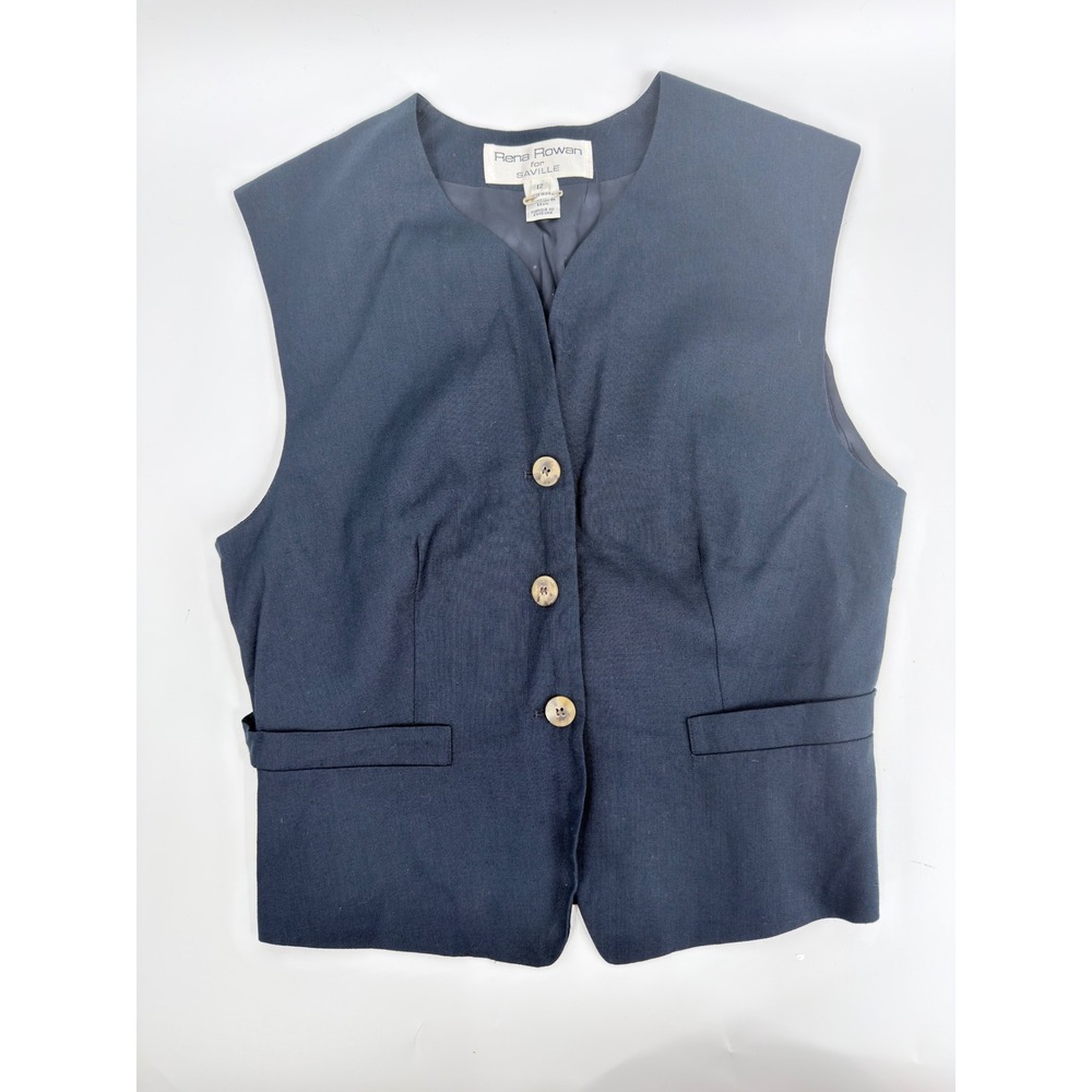 Rena Rowan Vest Waistcoat Button Front 90s Vintage Women Size 12 Navy Blue Linen